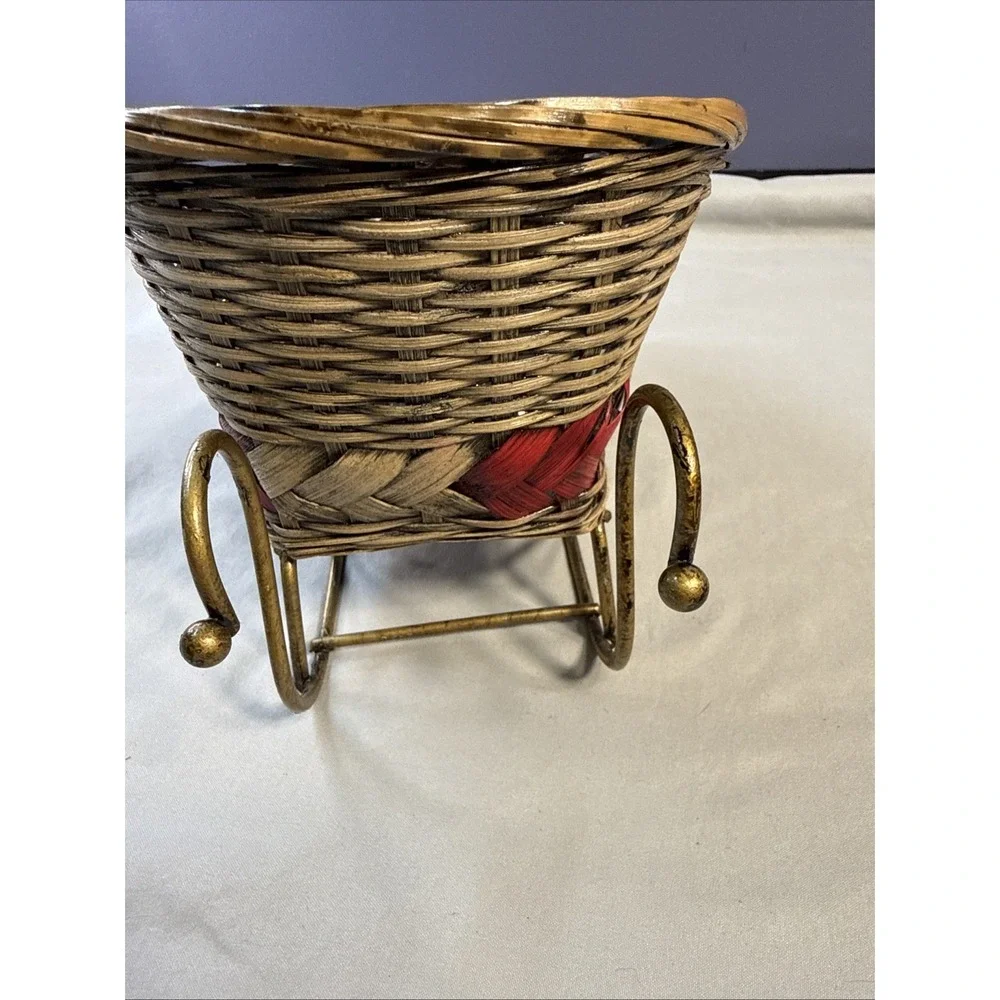 Vintage Christmas Wicker Sleigh Basket with Gold-Tone Metal Runners